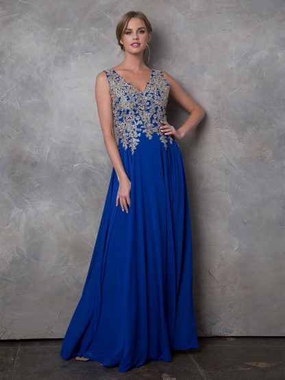5233 - V-Neck M.O.B Sleeveless Chiffon Gown W/ Metallic Embroidery