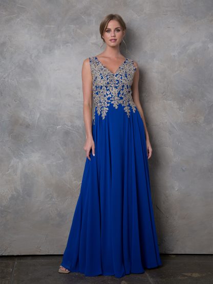 5233 - V-Neck M.O.B Sleeveless Chiffon Gown W/ Metallic Embroidery - Image 2