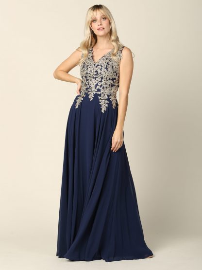 5233 - V-Neck M.O.B Sleeveless Chiffon Gown W/ Metallic Embroidery - Image 15