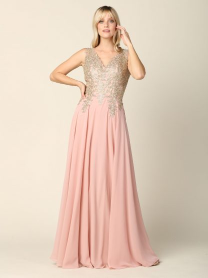 5233 - V-Neck M.O.B Sleeveless Chiffon Gown W/ Metallic Embroidery - Image 13