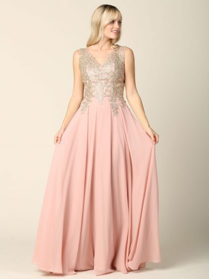 5233 - V-Neck M.O.B Sleeveless Chiffon Gown W/ Metallic Embroidery - Image 14