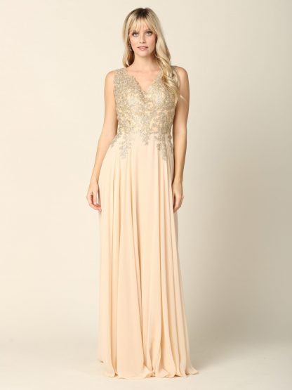 5233 - V-Neck M.O.B Sleeveless Chiffon Gown W/ Metallic Embroidery - Image 9