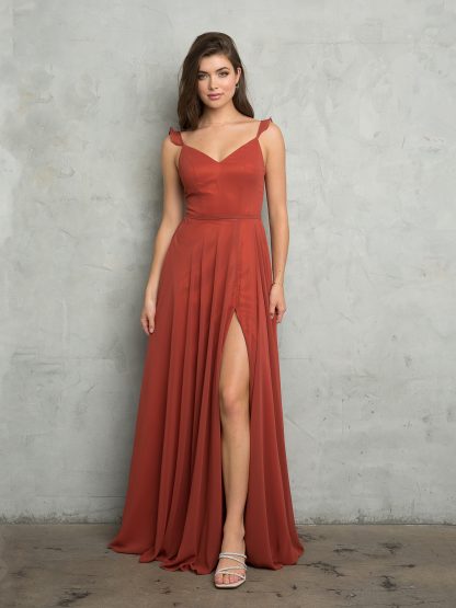 3405 - RUFFLE SLEEVE CHIFFON GOWN W FRONT SLIT