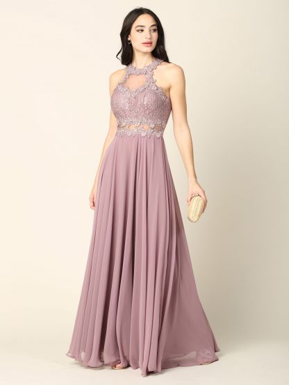 3286 - Lace Halter Illusion Gown With Chiffon Skirt - Image 6