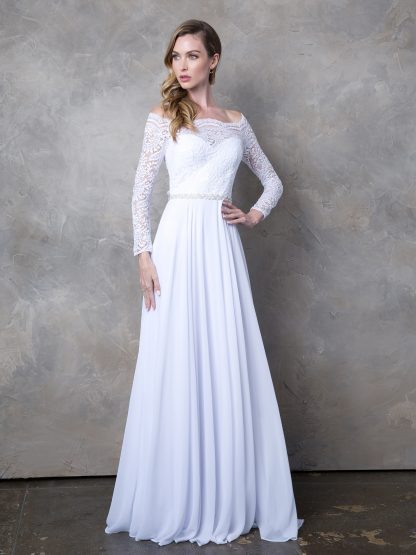 3414 - Off Shoulder Long Sleeve Lace & Chiffon Gown With Detachable Rhinestone Belt