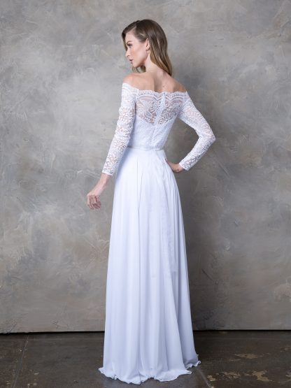 3414 - Off Shoulder Long Sleeve Lace & Chiffon Gown With Detachable Rhinestone Belt - Image 2