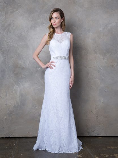 3417 | SHEATH STYLE SLEEVELESS LACE WEDDING DRESS WITH BEADED BELT AND SWEEP TRAIN