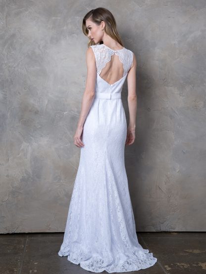3417 | SHEATH STYLE SLEEVELESS LACE WEDDING DRESS WITH BEADED BELT AND SWEEP TRAIN - Image 5