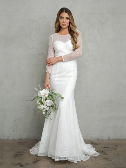 3415 - LONG SLEEVE LACE WEDDING DRESS WITH PEARL DETAILS