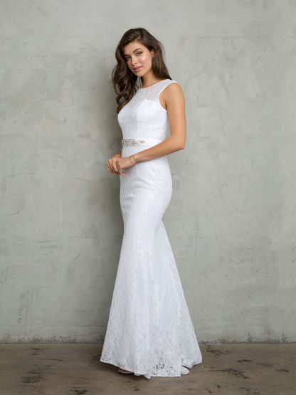 3417 | SHEATH STYLE SLEEVELESS LACE WEDDING DRESS WITH BEADED BELT AND SWEEP TRAIN - Image 3