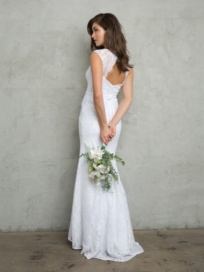 3417 | SHEATH STYLE SLEEVELESS LACE WEDDING DRESS WITH BEADED BELT AND SWEEP TRAIN - Image 2