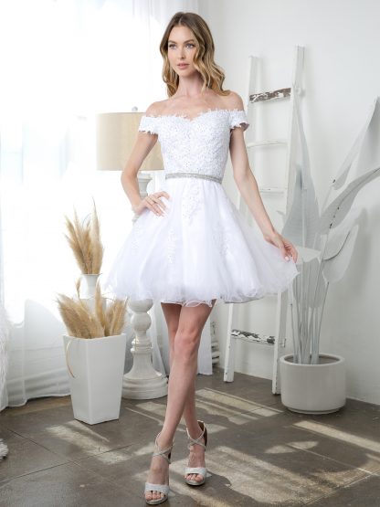 5236 - Mini Embroided Off Shoulder Lace with Attached Rhinestone Belt & Corset Back - Image 6