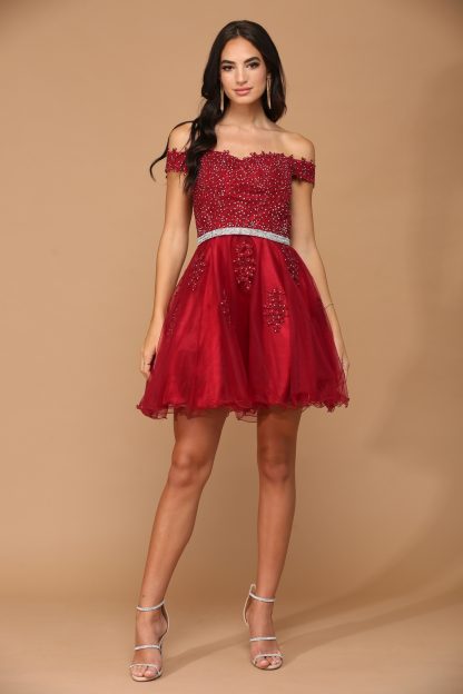 5236 - Mini Embroided Off Shoulder Lace with Attached Rhinestone Belt & Corset Back - Image 10