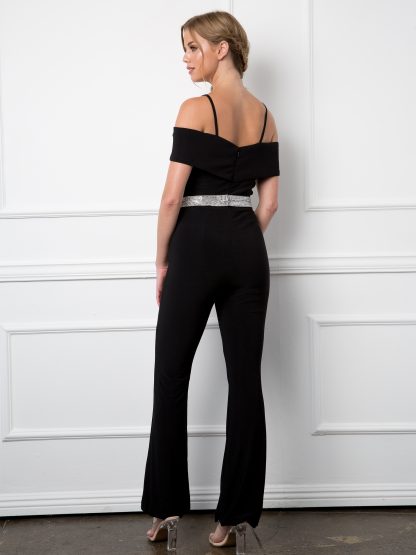 3422 | Stretch Off Shoulder Jersey Jumpsuit With Detachable Rhinestone Belt - Image 2