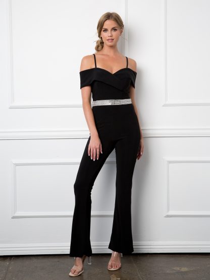 3422 | Stretch Off Shoulder Jersey Jumpsuit With Detachable Rhinestone Belt