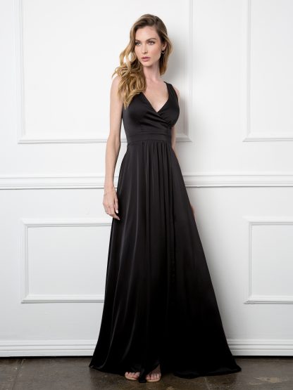 3423 | Sleeveless V-Neck Satin Gown W/ Front Slit And Corset Back