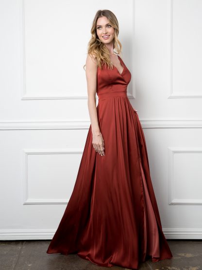 3423 | Sleeveless V-Neck Satin Gown W/ Front Slit And Corset Back - Image 2