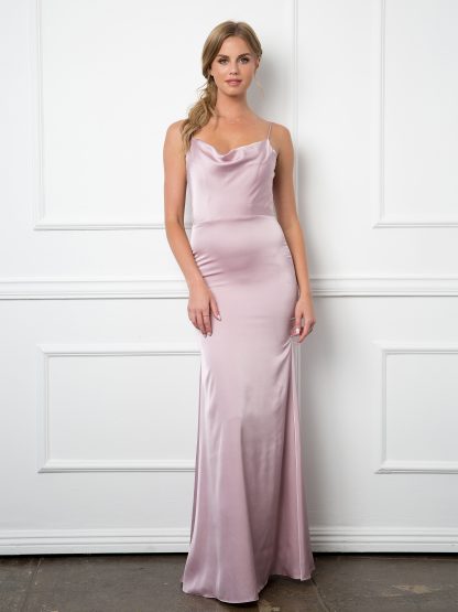 3428 | Sleeveless Cowl Neck Satin Dress