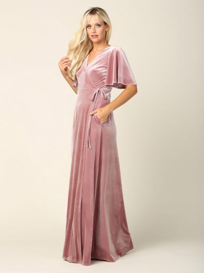 3432 |Flutter Half Sleeve Velvet Wrap Gown with Back Zipper - Image 3