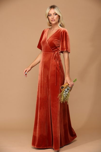 3432 |Flutter Half Sleeve Velvet Wrap Gown with Back Zipper - Image 4