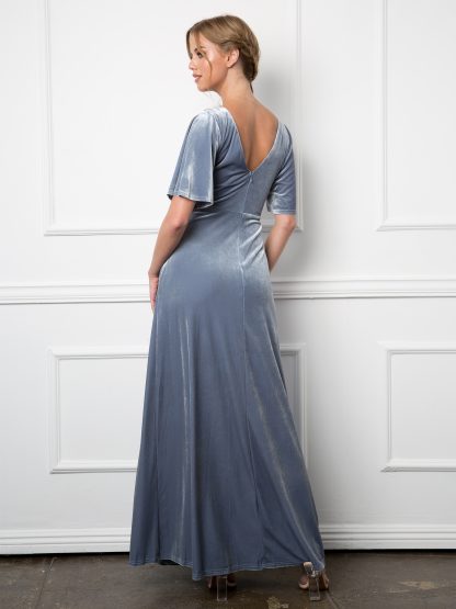 3432 |Flutter Half Sleeve Velvet Wrap Gown with Back Zipper - Image 6