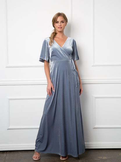 3432 |Flutter Half Sleeve Velvet Wrap Gown with Back Zipper - Image 5