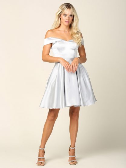3431 | Off Shoulder Charmeuse A-line Cocktail Pocketed Dress With Corset Back Tie - Image 11