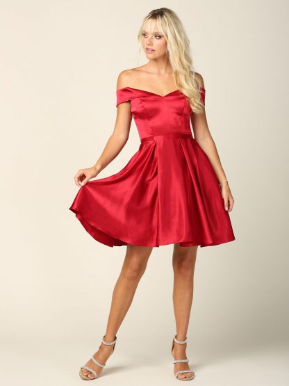 3431 | Off Shoulder Charmeuse A-line Cocktail Pocketed Dress With Corset Back Tie - Image 6
