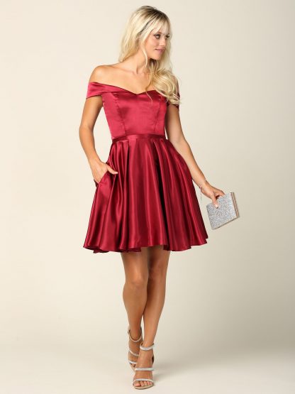3431 | Off Shoulder Charmeuse A-line Cocktail Pocketed Dress With Corset Back Tie - Image 13