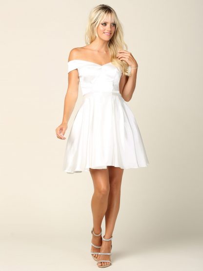 3431 | Off Shoulder Charmeuse A-line Cocktail Pocketed Dress With Corset Back Tie - Image 8