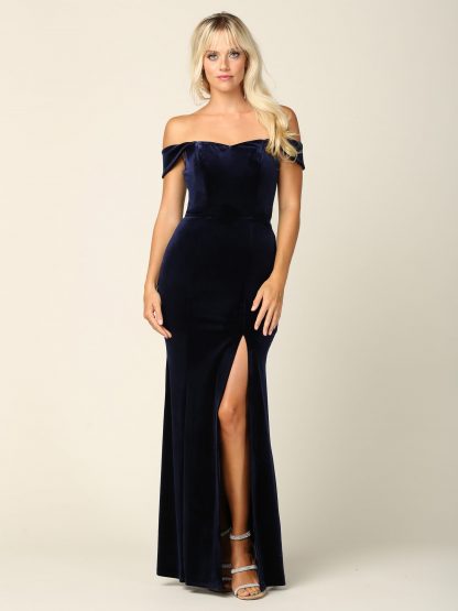 3430 | Off Shoulder Velvet Dress With Front Slit - Image 6