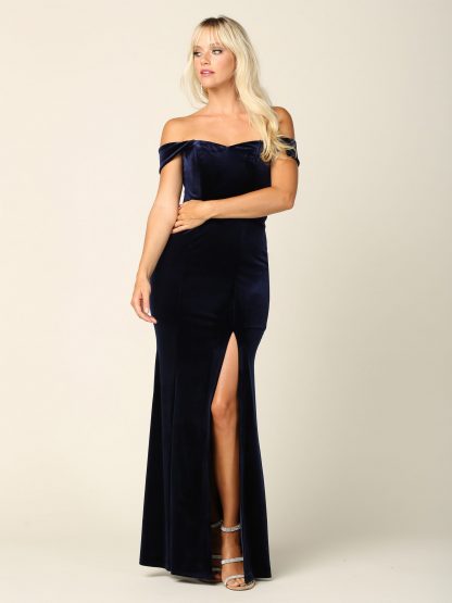 3430 | Off Shoulder Velvet Dress With Front Slit - Image 7