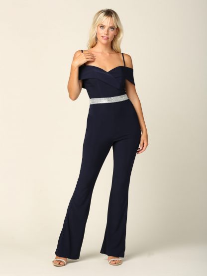 3422 | Stretch Off Shoulder Jersey Jumpsuit With Detachable Rhinestone Belt - Image 8