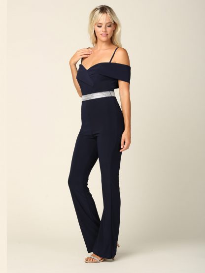 3422 | Stretch Off Shoulder Jersey Jumpsuit With Detachable Rhinestone Belt - Image 7