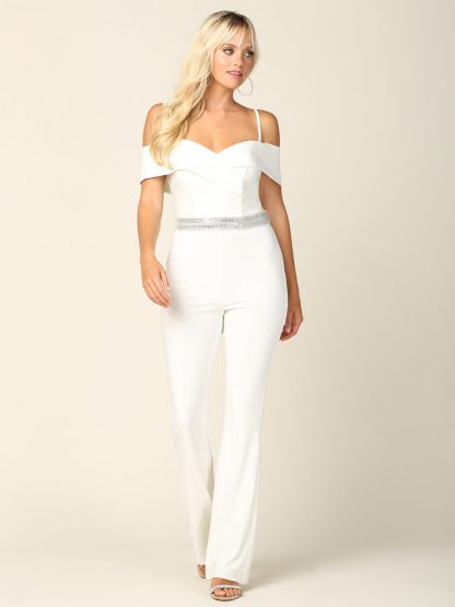 3422 | Stretch Off Shoulder Jersey Jumpsuit With Detachable Rhinestone Belt - Image 9