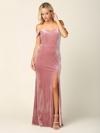 3430 | Off Shoulder Velvet Dress With Front Slit - Image 9