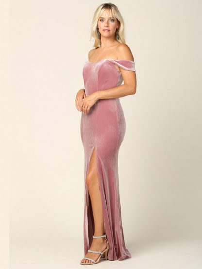 3430 | Off Shoulder Velvet Dress With Front Slit - Image 10