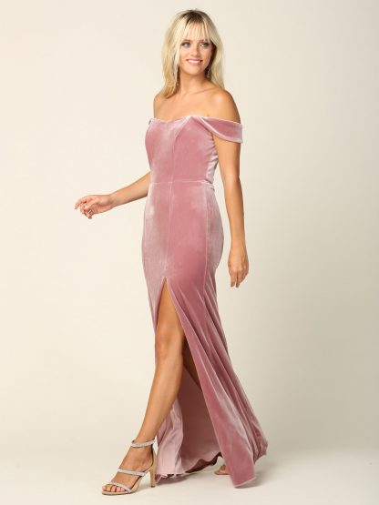 3430 | Off Shoulder Velvet Dress With Front Slit - Image 8