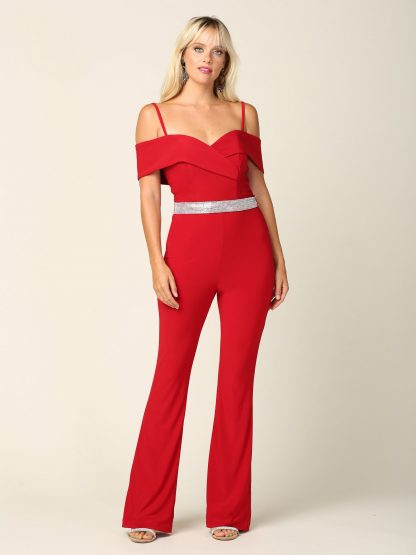 3422 | Stretch Off Shoulder Jersey Jumpsuit With Detachable Rhinestone Belt - Image 5