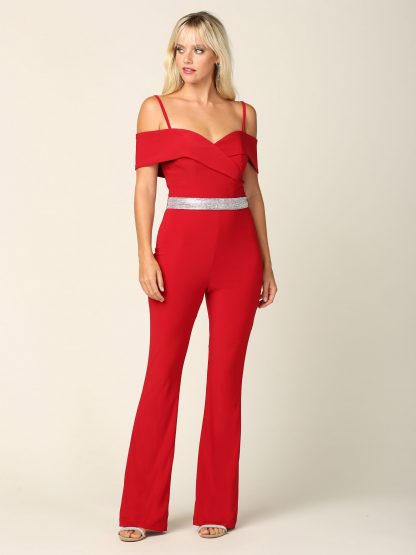 3422 | Stretch Off Shoulder Jersey Jumpsuit With Detachable Rhinestone Belt - Image 3