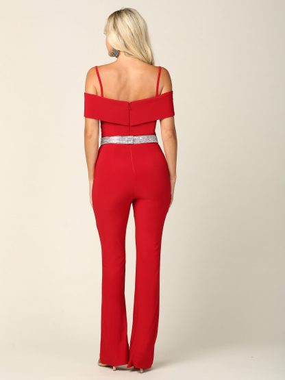 3422 | Stretch Off Shoulder Jersey Jumpsuit With Detachable Rhinestone Belt - Image 6
