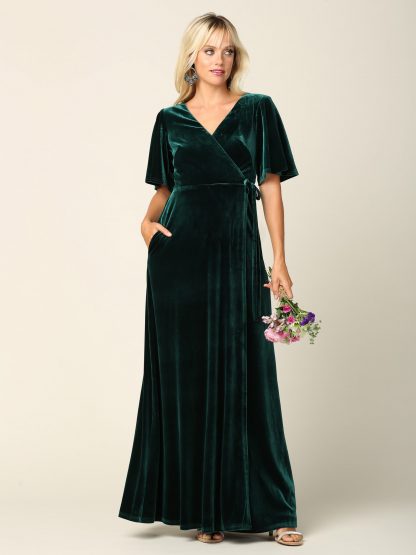 3432 |Flutter Half Sleeve Velvet Wrap Gown with Back Zipper - Image 8