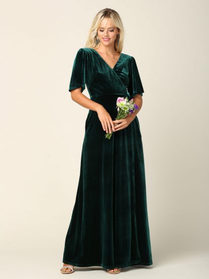 3432 |Flutter Half Sleeve Velvet Wrap Gown with Back Zipper - Image 7