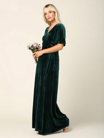 3432 |Flutter Half Sleeve Velvet Wrap Gown with Back Zipper - Image 9