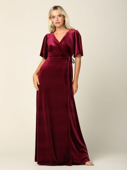 3432 |Flutter Half Sleeve Velvet Wrap Gown with Back Zipper - Image 11