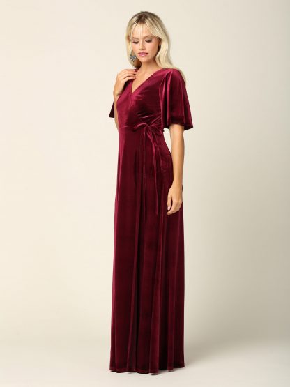 3432 |Flutter Half Sleeve Velvet Wrap Gown with Back Zipper - Image 12