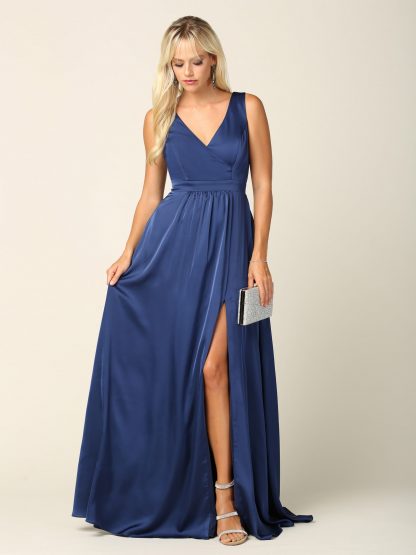 3423 | Sleeveless V-Neck Satin Gown W/ Front Slit And Corset Back - Image 5