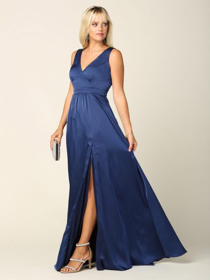 3423 | Sleeveless V-Neck Satin Gown W/ Front Slit And Corset Back - Image 6