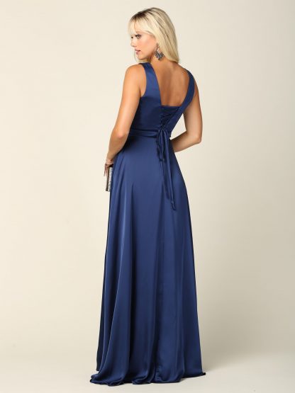3423 | Sleeveless V-Neck Satin Gown W/ Front Slit And Corset Back - Image 7