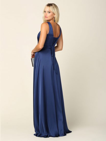 3423 | Sleeveless V-Neck Satin Gown W/ Front Slit And Corset Back - Image 8